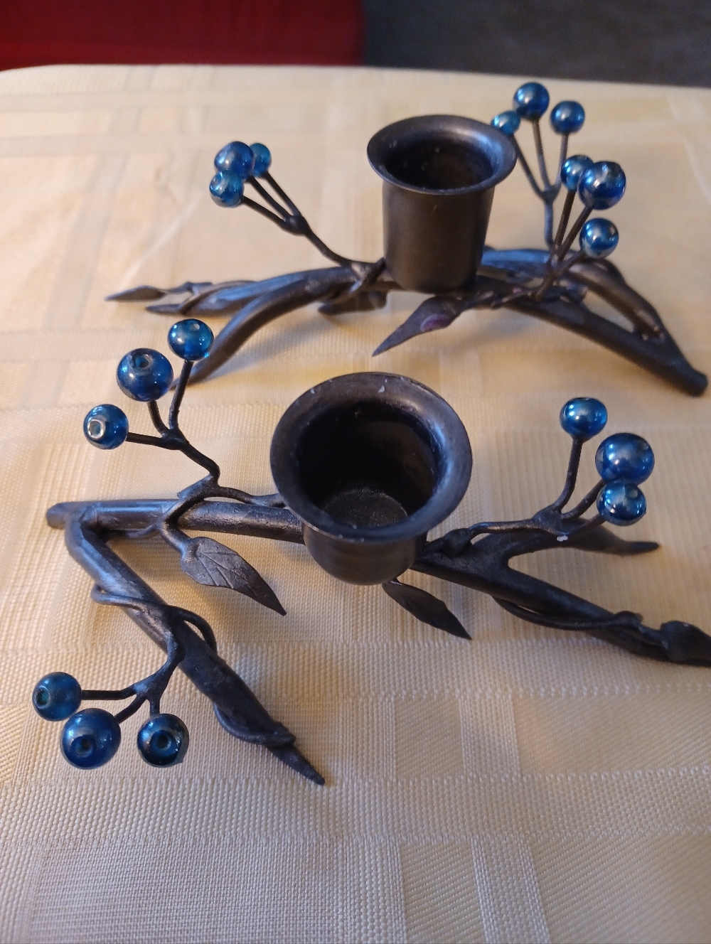 Vintage Bronze Metal Candle Holders Blueberry Twig Metal Leaf